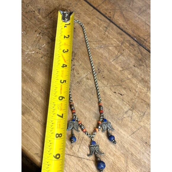 Vintage Angel Pendant Necklace With Lapis Beads & Brass Chain - Picture 5 of 16